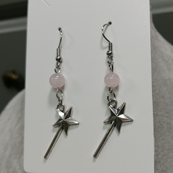 Magic Wand Earrings Natural Rose Quartz Gemstone Crystal Bead Stainless-Steel - Picture 9 of 12